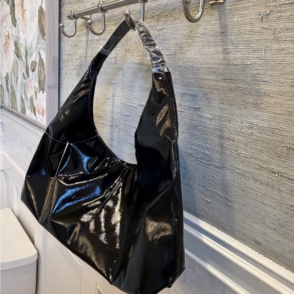 NWT new Anthropologie shiny faux patent leather tote bag purse black - Picture 15 of 16